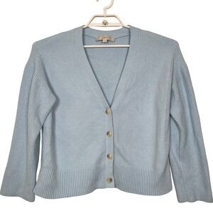 LOFT Oversized Blue‎ Button Front Cardigan Sweater M Ribbed Knit Trim Career
